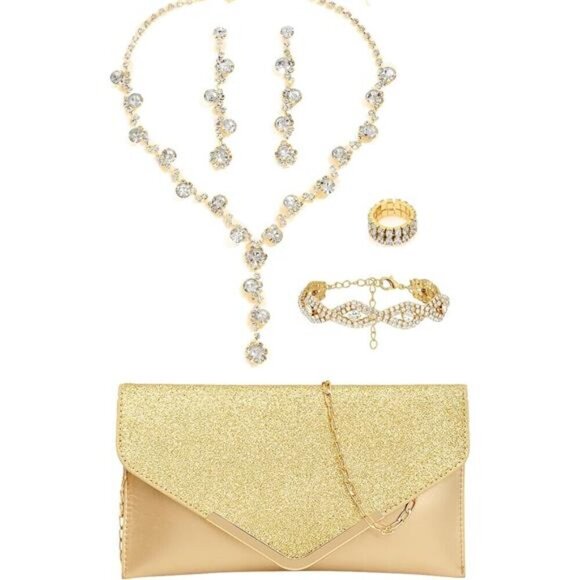 5 Piece Jewelry Set with Rhinestone Clutch Purse Earrings Necklace Bracelet - Picture 1 of 8